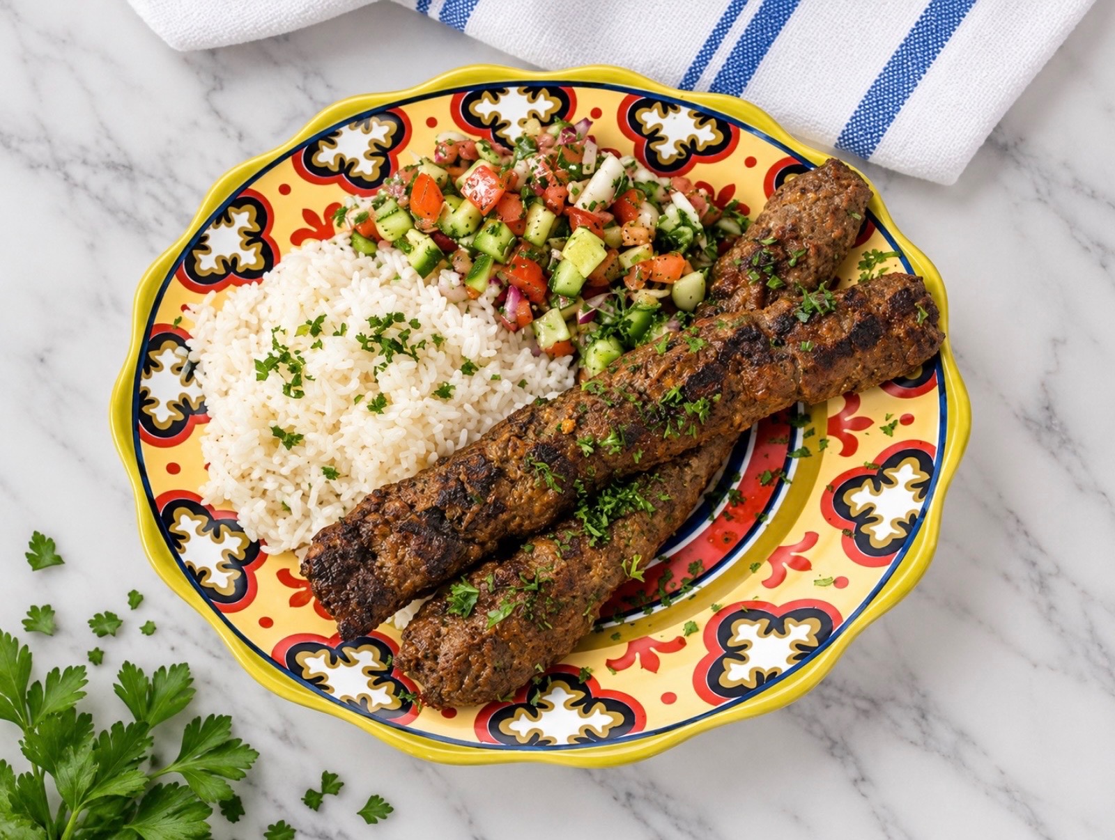 Kebob platter with rice and salad at Nagila Moroccan Cuisine